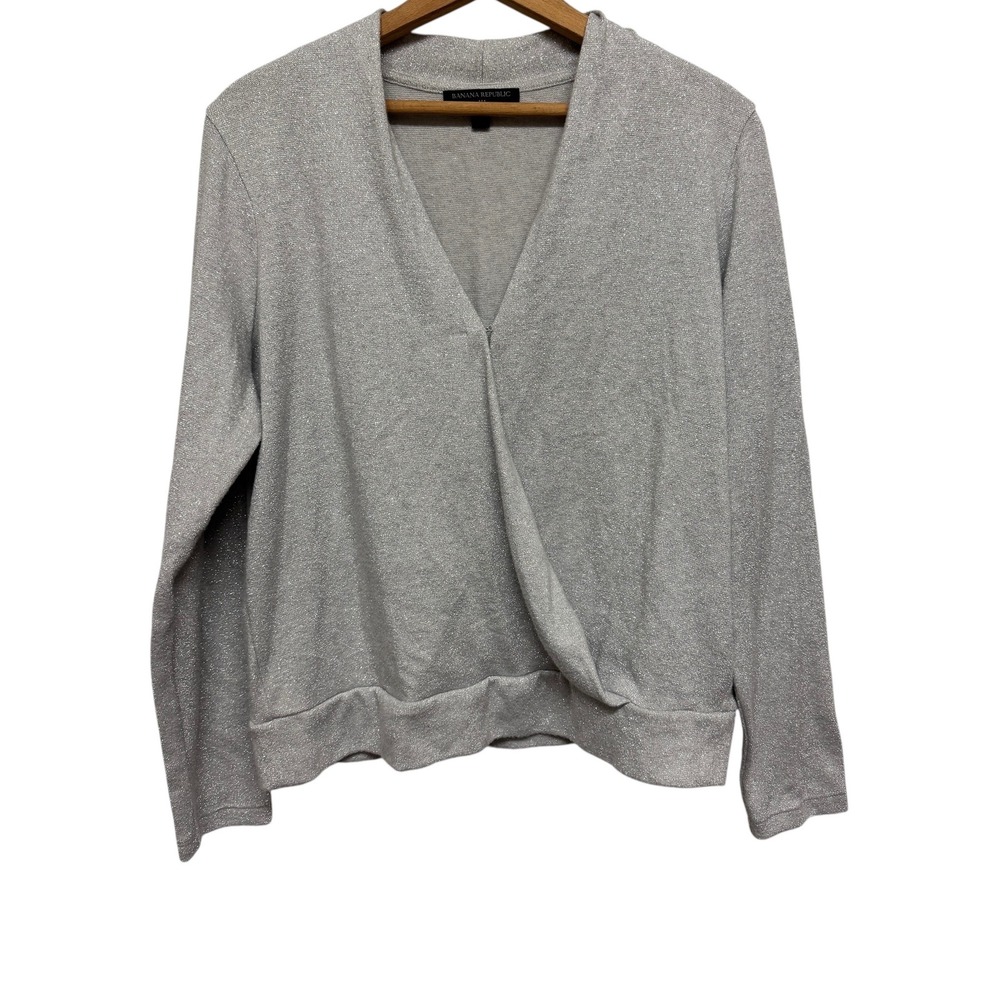 Banana Republic Womens Silver Sparkle Knit Wrap Front Long‎ Sleeve Top Size L